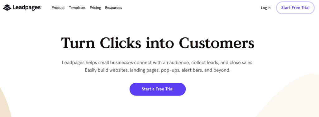 Leadpages homepage, sales funnel builder